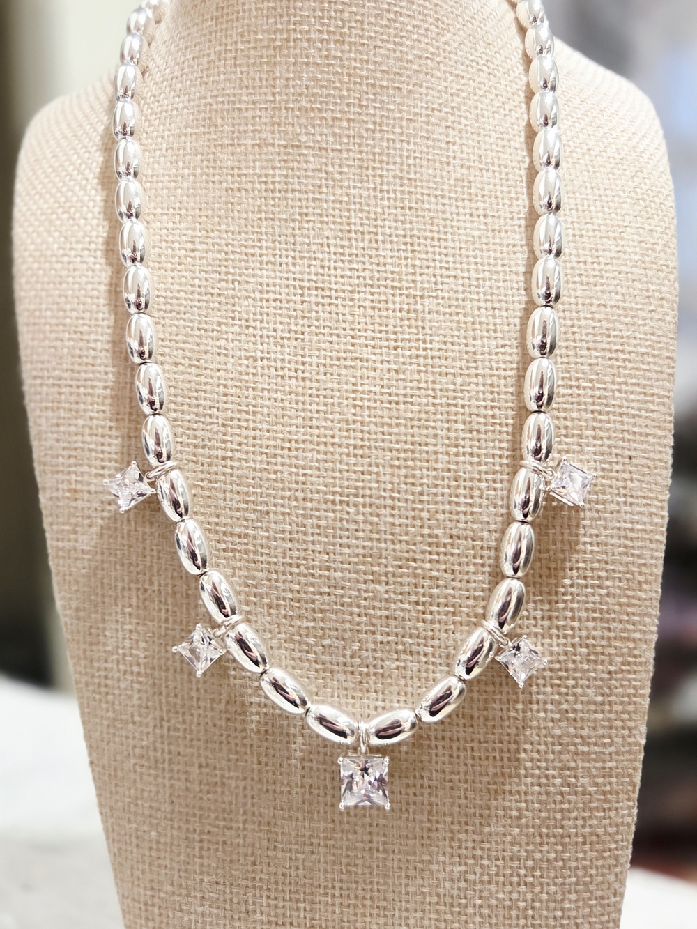 Silver Bead Necklace with Clear Square Crystal Pendants - Women Jewelry